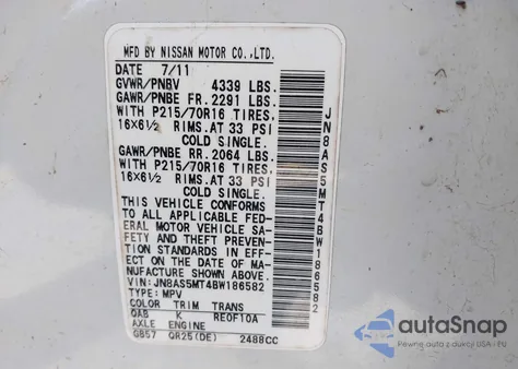 2011 Nissan Rogue S from USA, damaged, VIN JN8AS5MT4BW186582